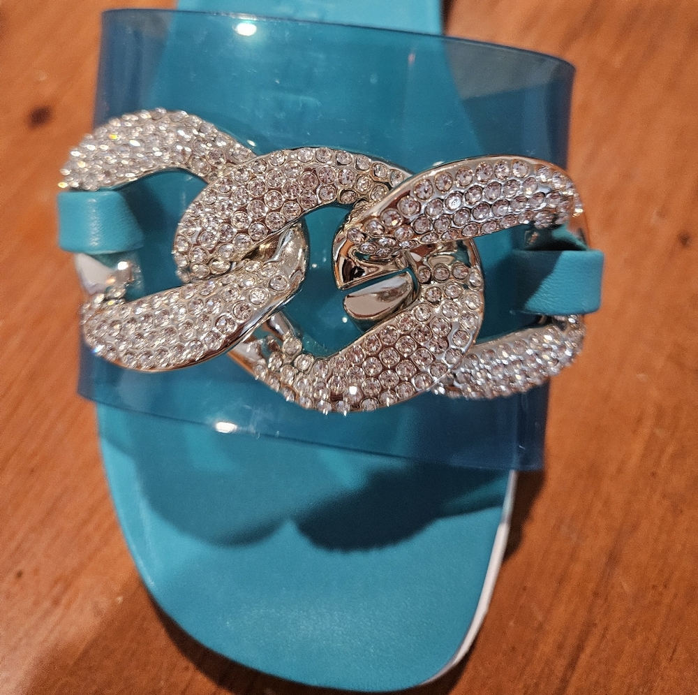 Karl Lagerfeld Jazelle Rhinestone Chain Slides Blue Sz 9.5 - Picture 7 of 11